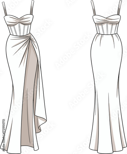 Elegant evening gown fashion flat sketch with draped skirt, corset bodice, spaghetti straps, floor length design, formal dress illustration