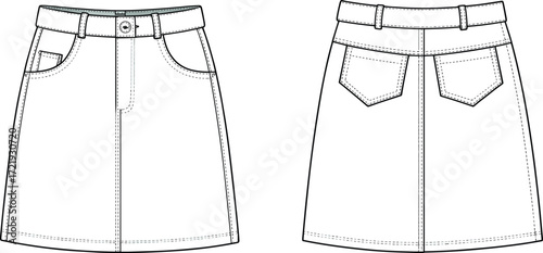 Denim skirt fashion flat sketch, front and back view, clothing design template, casual skirt illustration, technical drawing, apparel vector design, stylish