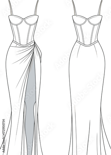 Elegant evening gown fashion flat sketch, corset top dress with draped skirt, high slit design, front and back view, vector illustration