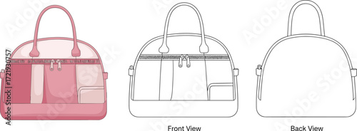 Elegant handbag vector illustration with front and back view, fashion purse design template, stylish leather bag sketch, women accessory mockup