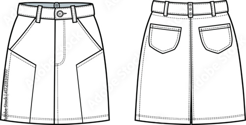 Flat fashion sketch of denim skirt with front pockets, back patch pockets, waistband, belt loops, button closure, modern casual apparel illustration