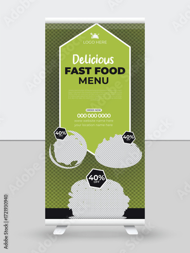 Delicious healthy food menu restaurant roll up banner template