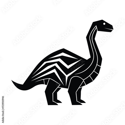 Stylized black silhouette of a longnecked brachiosaurus dinosaur isolated on white background