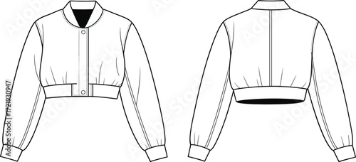 Flat fashion sketch of trendy cropped bomber jacket with long sleeves, ribbed hem, front button closure, casual streetwear clothing illustration
