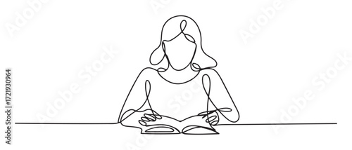 Woman Reading or Studying. Single Line Drawing Style with Editable Stroke, Woman reading a book continuous one line drawing. one line Icon drawing with white background