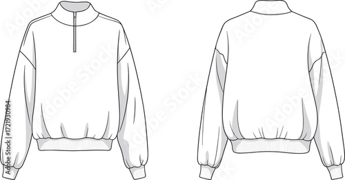 Half zip pullover sweatshirt flat sketch front and back view, unisex casual wear template, fashion clothing design, blank apparel illustration