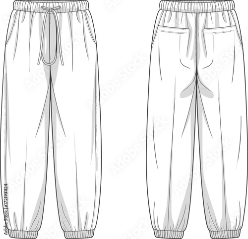 Men jogger pants front and back technical fashion flat sketch, casual sweatpants design template, vector apparel illustration with drawstring waistband