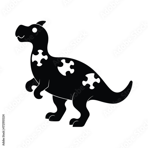 Black silhouette of a puzzle dinosaur with white puzzle pieces isolated on white background
