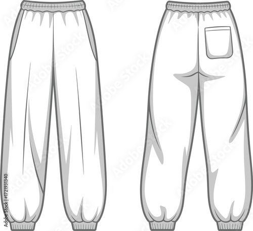Unisex jogger sweatpants flat sketch, front and back view fashion template, casual trousers design, elastic waistband, cuffed hem, pocket detail
