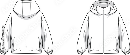 Unisex hoodie jacket flat sketch, long sleeve fashion design with zipper front, hooded sweatshirt template, casual outerwear apparel illustration drawing