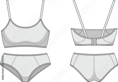 Vector bralette and panty set flat sketch, women’s underwear front and back view, lingerie fashion design template, intimate apparel illustration