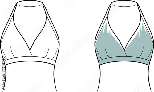 Vector halter neck bralette front view, lingerie fashion design flat sketch, intimate apparel template, stylish women’s underwear illustration, clothing design
