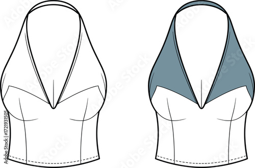 Vector women halter top sports bra fashion flat sketch, activewear lingerie design template, stylish apparel illustration for clothing, front view