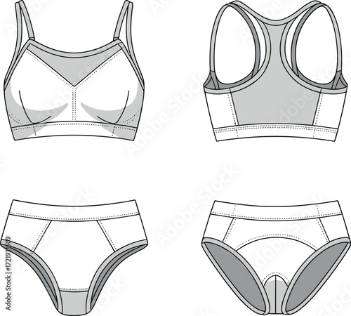 Vector lingerie set technical flat sketch, sports bra and panties front and back view, fashion design template, activewear clothing illustration
