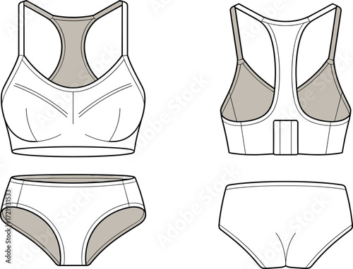 Vector women sports bra and panties technical flat sketch, lingerie activewear fashion design template, front and back clothing illustration for apparel