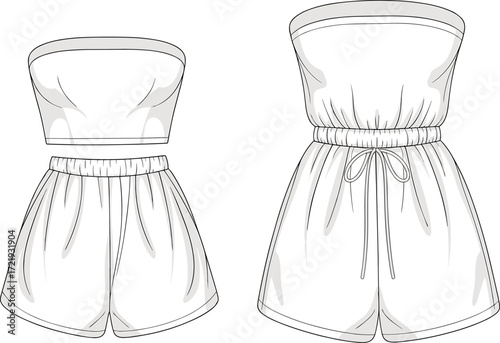Women strapless romper fashion flat sketch, summer playsuit technical drawing, casual jumpsuit style guide, trendy one piece garment illustration template