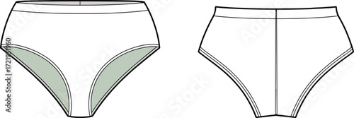 Women underwear flat sketch, high waist panties, lingerie illustration, fashion template, comfortable briefs design, apparel drawing, front and back view