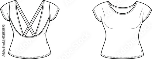 Women’s stylish criss cross back t-shirt fashion flat sketch, short sleeve trendy blouse front and back view clothing design template