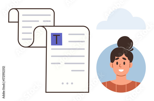 Scrolling document with written content beside smiling female user avatar under cloud. Ideal for collaboration, online communication, content management, digital tools, user interface, cloud