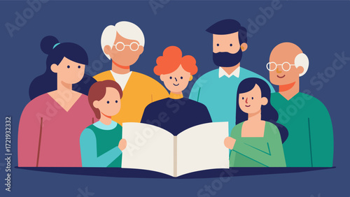 A family coming together to create a memory book for a loved one who has passed away celebrating their life with cherished memories and stories.. Vector illustration