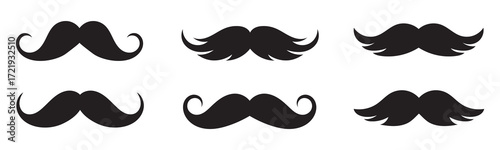 Minimalist black mustache icon set – hand-drawn silhouettes of curled, bushy, thin, and stylized facial hair for fashion, character design, and grooming visuals.