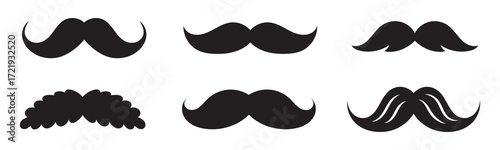 Minimalist black mustache icon set – hand-drawn silhouettes of curled, bushy, thin, and stylized facial hair for fashion, character design, and grooming visuals.