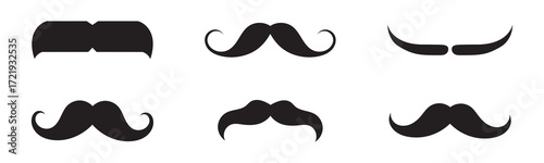 Mustache silhouette illustration set, facial hair icons collection with curled, spiral, rectangular, vintage styles, barbershop, retro, Movember design vector