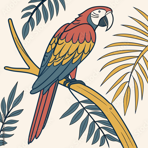 A scarlet macaw perched on a branch with leaves around it