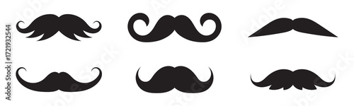 Mustache silhouette illustration set, facial hair icons collection with curled, spiral, rectangular, vintage styles, barbershop, retro, Movember design vector