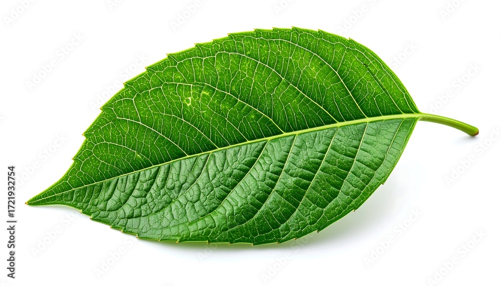 Obraz premium A vibrant green leaf isolated on a pristine white background, showcasing its intricate veins and texture. The leaf is fully in focus