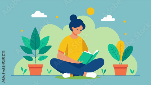 A person journaling or meditating in a garden illustrating the reflective and introspective benefits of therapeutic gardening for mental wellbeing.. Vector illustration