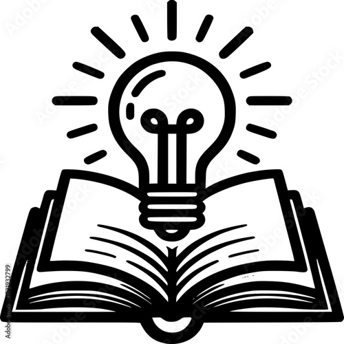 Knowledge Unleashed: A stark, monochrome depiction of an open book beneath a radiating lightbulb. representing the dawn of enlightenment and the power of ideas.
