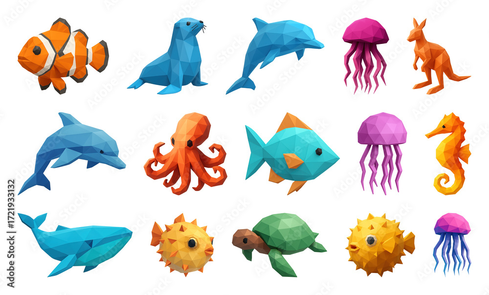 Obraz premium PNG Colorful geometric marine animals, element set on transparent background
