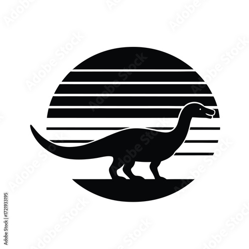 tyrannosaurus silhouette, velociraptor silhouette, T. rex silhouette, brachiosaurus silhouette, Dinosaur silhouette against a retro sunset