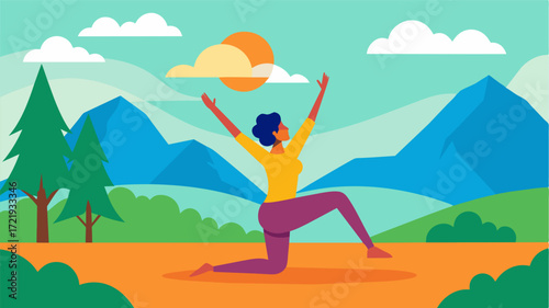 A person engaging in an outdoor yoga class with visuals of the vibrant scenery the sound of the instructors voice and the feeling of stretching and breathing.. Vector illustration