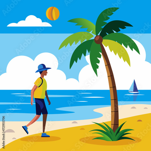 Serene beach getaway featuring a person strolling along the shore under a palm tree, perfect for vacation promotions, summer travel, or tropical lifestyle content with calm vibes
