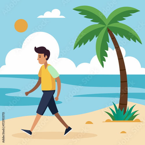 Imagine serene coastal living with this vector art of a man taking a stroll on a sunny beach, a tranquil scene perfect for summer promotions or wellness campaigns, originally a scalable design