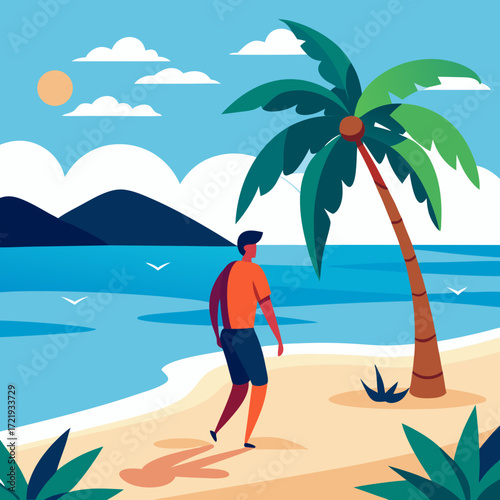 Stylish travel illustration of a carefree man strolling along a stunning tropical beach with palm trees and distant mountains, perfect for summer vacation promotions and lifestyle content