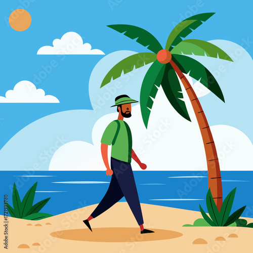 Man strolling along sun-drenched tropical beach with palm trees, enjoying peaceful vacation vibes, perfect for travel blogs, summer campaigns, and promoting relaxation and escape