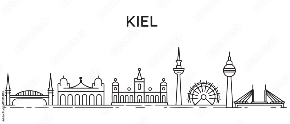 Obraz premium Kiel Line Art skyline banner. Kiel, Germany. with white background
