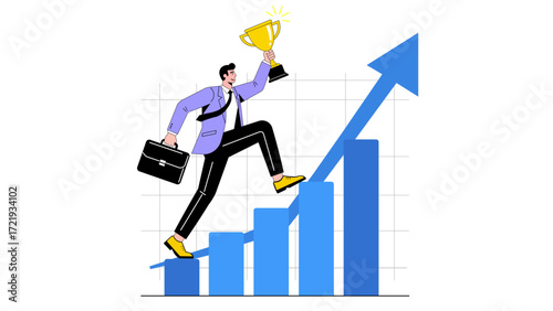 A man climbs a chart with a trophy, symbolizing success and achievement. This image represents business growth, career advancement, and the pursuit of goals.