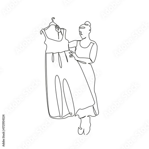 One continuous single drawing line art flat doodle person, dress, female, woman, clothing, fashion, choosing. Isolated image hand draw contour on a white background, hand drawn, not AI