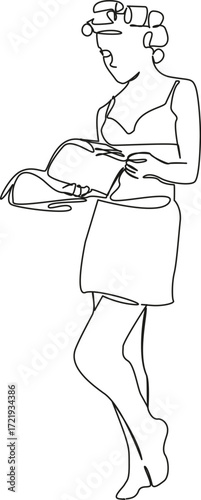 One continuous single drawing line art flat doodle beauty, hair curlers, hair, looking, fashion. Isolated image hand draw contour on a white background, hand drawn, not AI