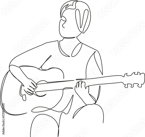One continuous single drawing line art flat doodle guitar, music, musician, playing, guitarist, girl, acoustic. Isolated image hand draw contour on a white background, hand drawn, not AI