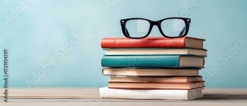 The stack of books with glasses highlighting a study or reading environment.