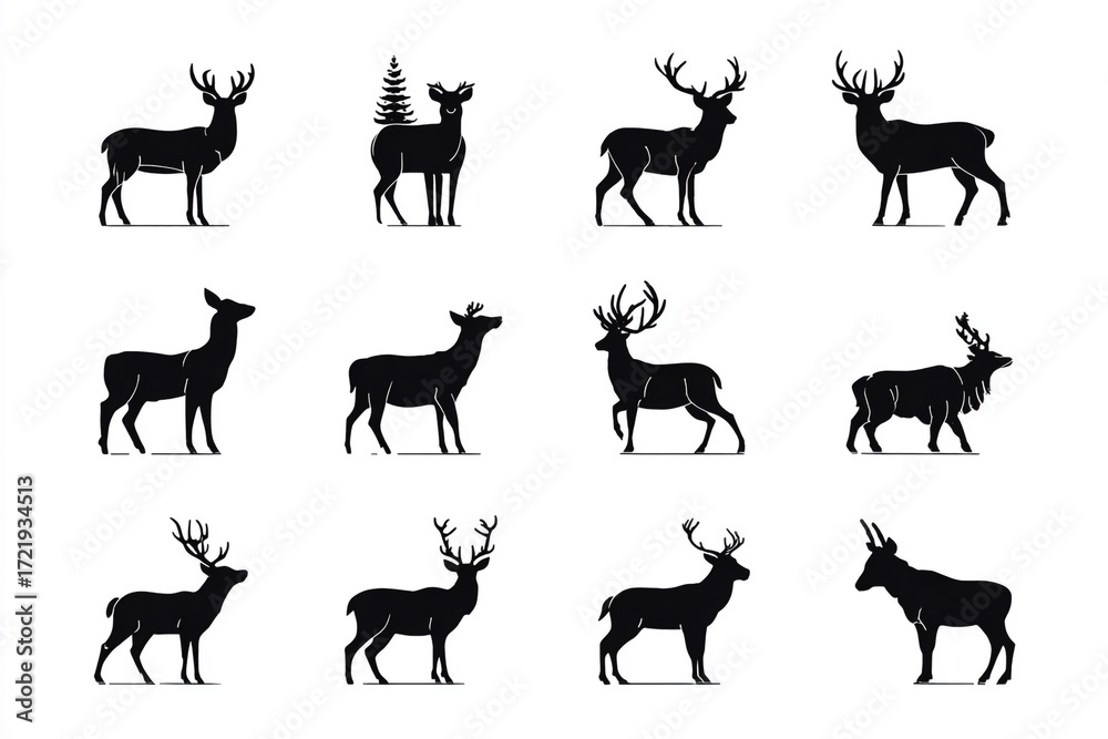 Fototapeta premium Twelve deer silhouettes various poses and antler sizes wildlife animals nature