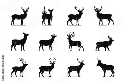 Twelve deer silhouettes various poses and antler sizes wildlife animals nature