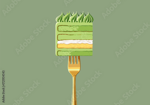 Vibrant green layered cake on golden fork, a sweet and elegant dessert illustration, inviting indulgence