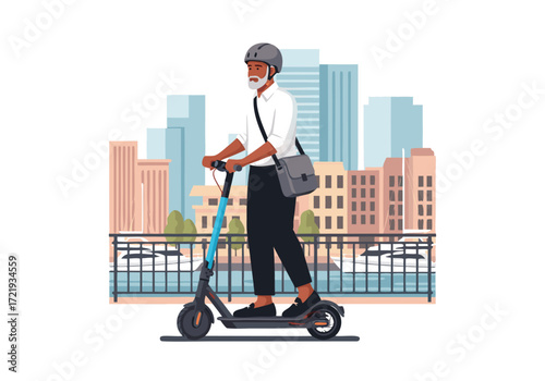 Senior Man Commuting on Electric Scooter in City