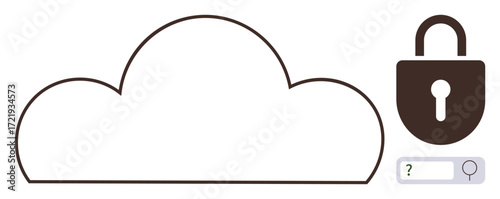 Cloud outline connected to padlock and password search bar symbolizing secure data, encryption, privacy. Ideal for cybersecurity, cloud storage, information technology, data protection, online